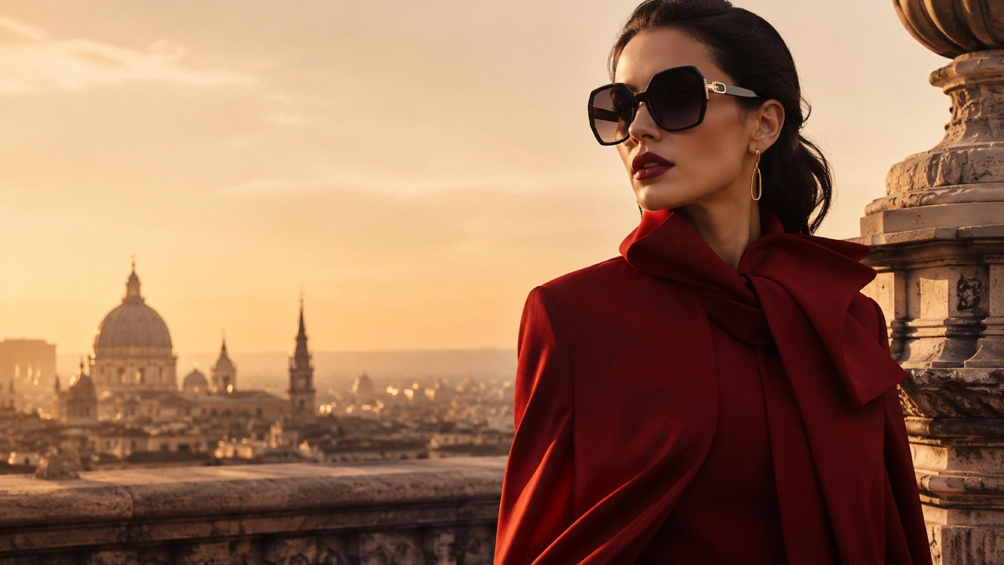 A woman in a deep red coat with a knotted scarf and statement red lip, on a Roman terrace at golden hour, wearing oversized hexagonal sunglasses with subtle gold accents on the temple.