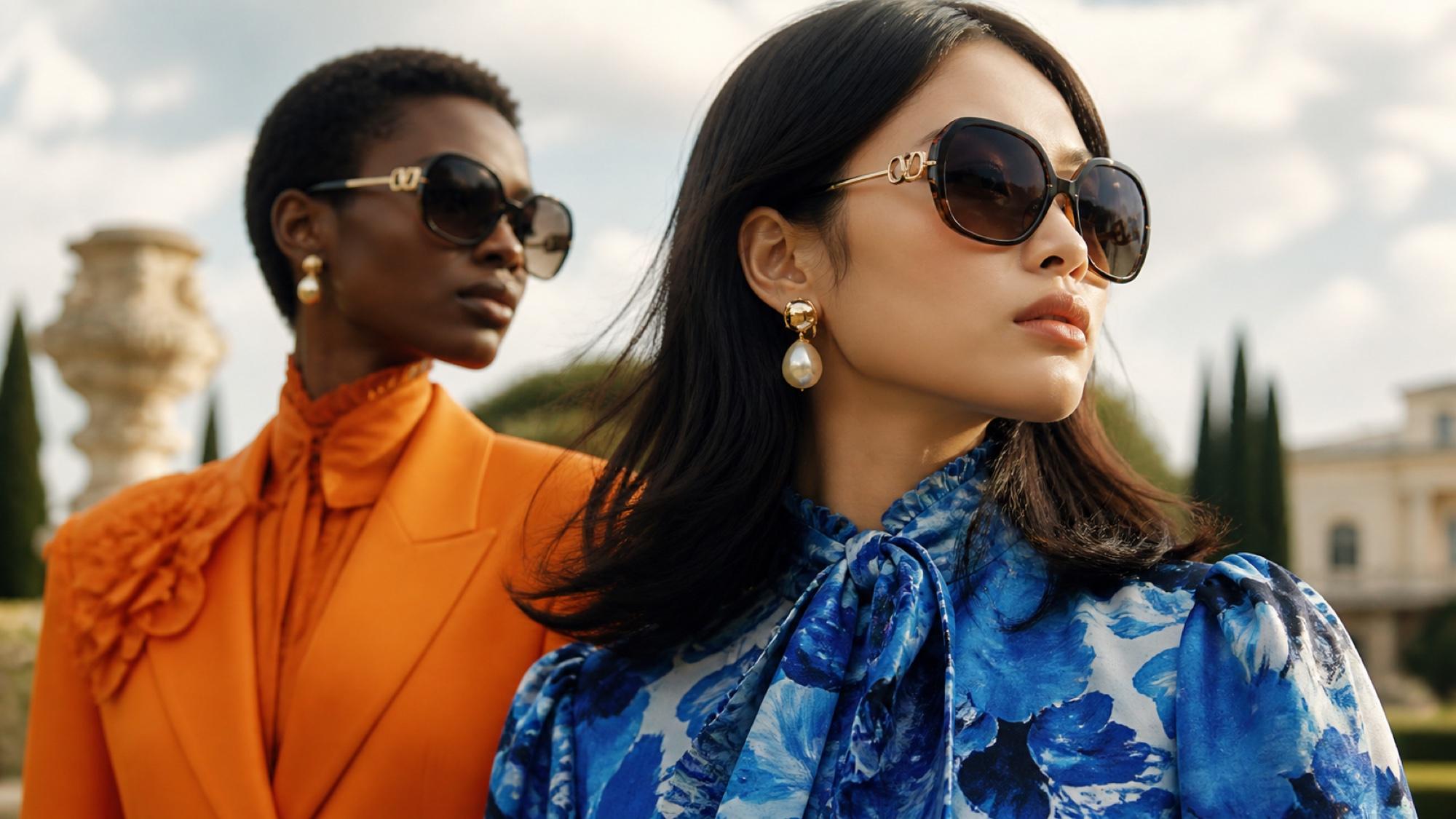 Two women at an Italian villa garden, one in an orange suit with a flower brooch, the other in a cobalt blue floral print dress with pearl earrings, both wearing oversized round tortoise frames with gold detail on the temples.