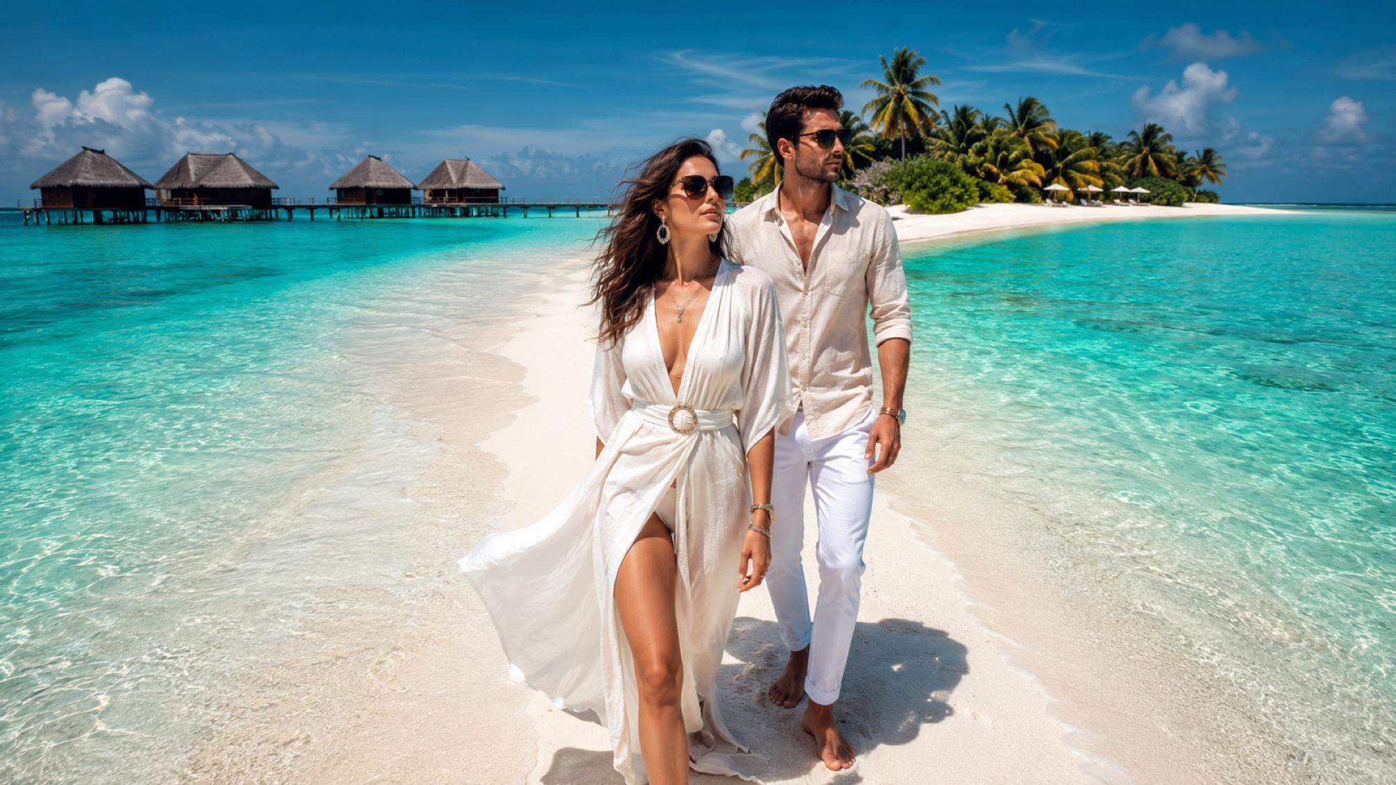A couple walking along a narrow white sand spit in the Maldives — the woman in a flowing white dress with oversized squared frames, the man in a linen shirt with classic medium-frame dark sunglasses.