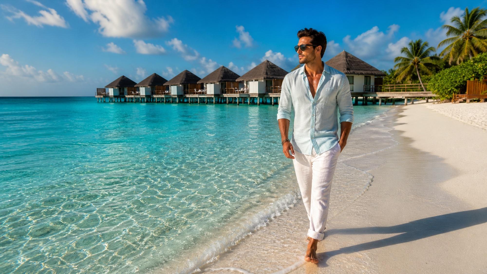 A man walking barefoot on a Maldives beach in a light blue linen shirt and white pants, wearing classic medium-frame black wayfarer-style sunglasses.