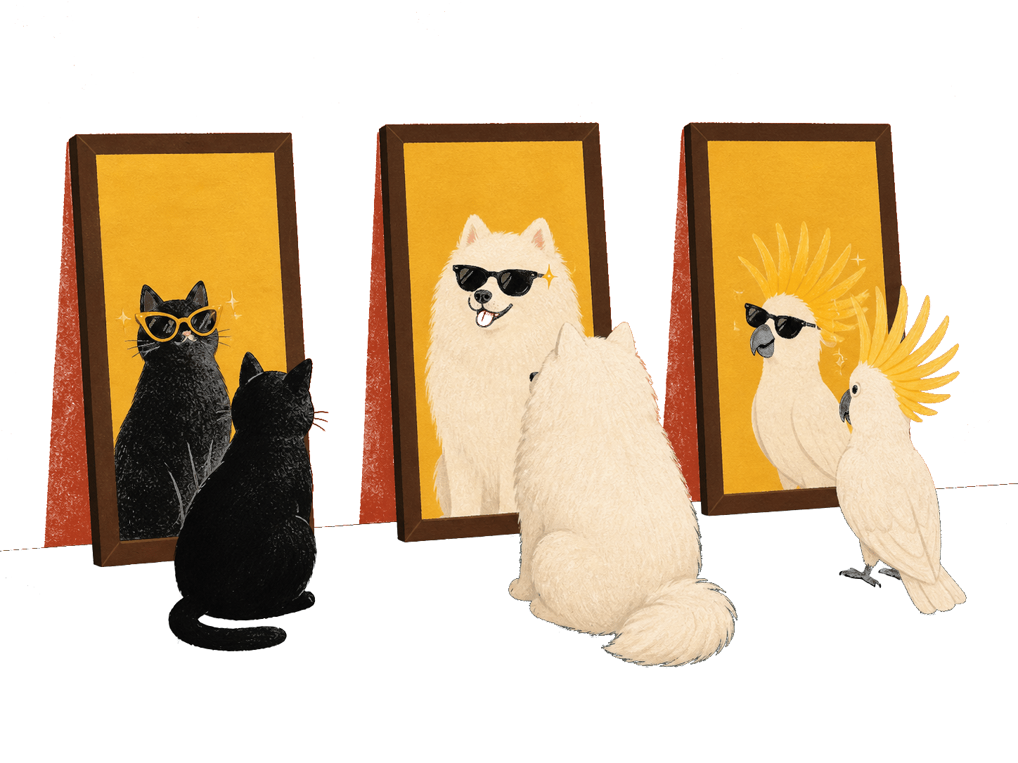 A black cat, a samoyed dog, and a cockatoo each admiring themselves in mirrors while wearing sunglasses that suit them.