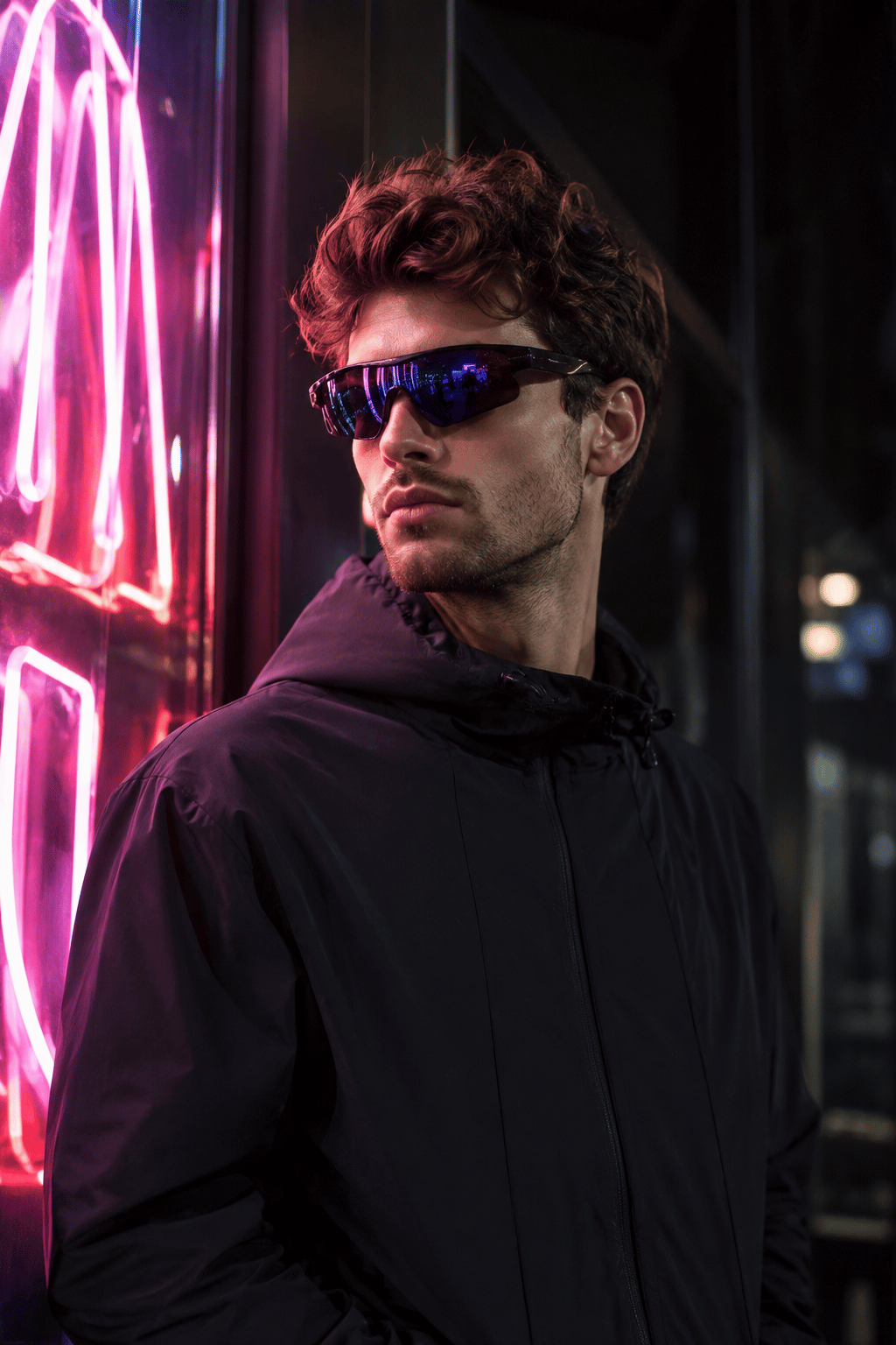 Woman in oversized square sunglasses on a sunlit terrace.