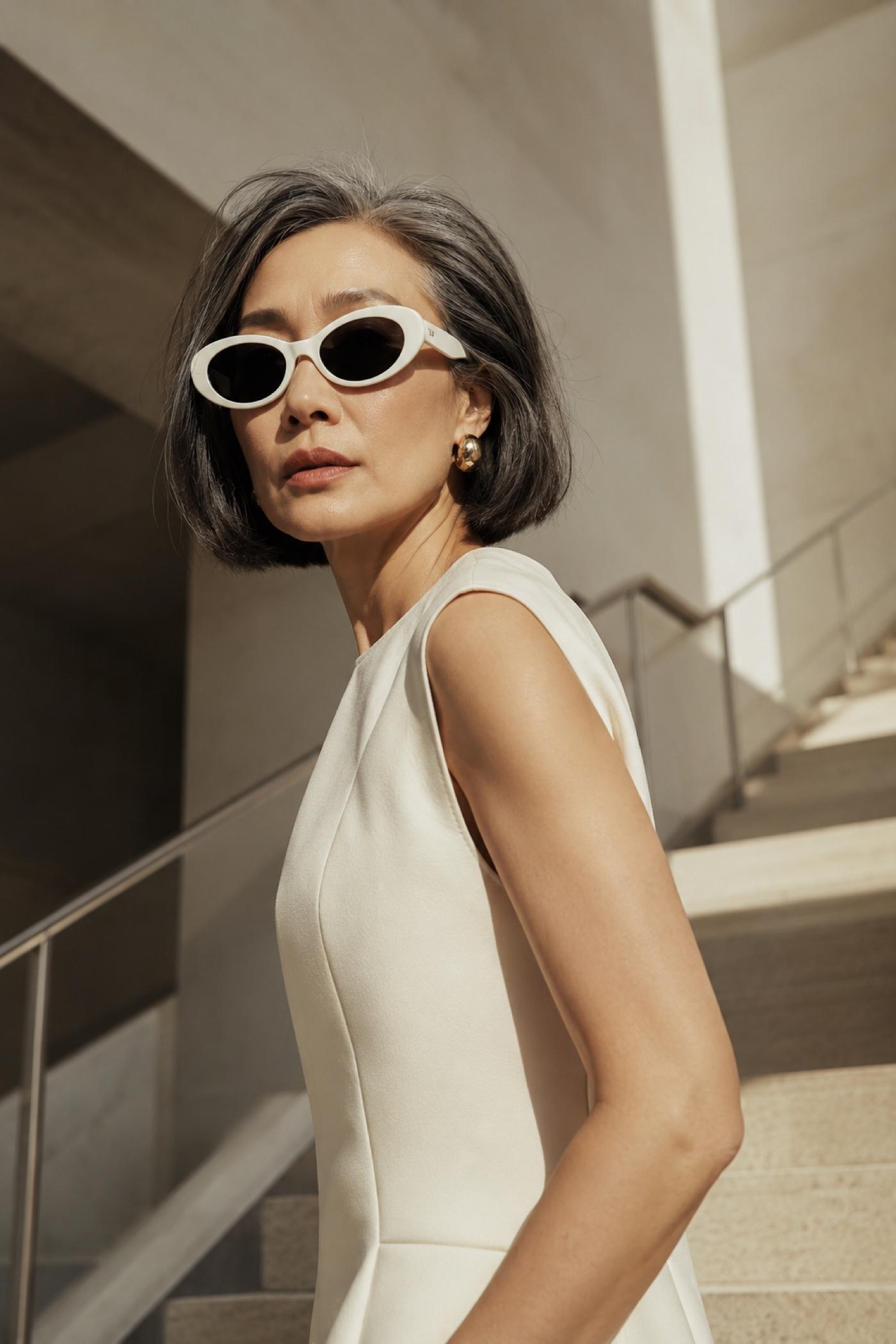 Woman with a silver bob in white oval sunglasses and a cream sleeveless dress on sunlit concrete stairs.