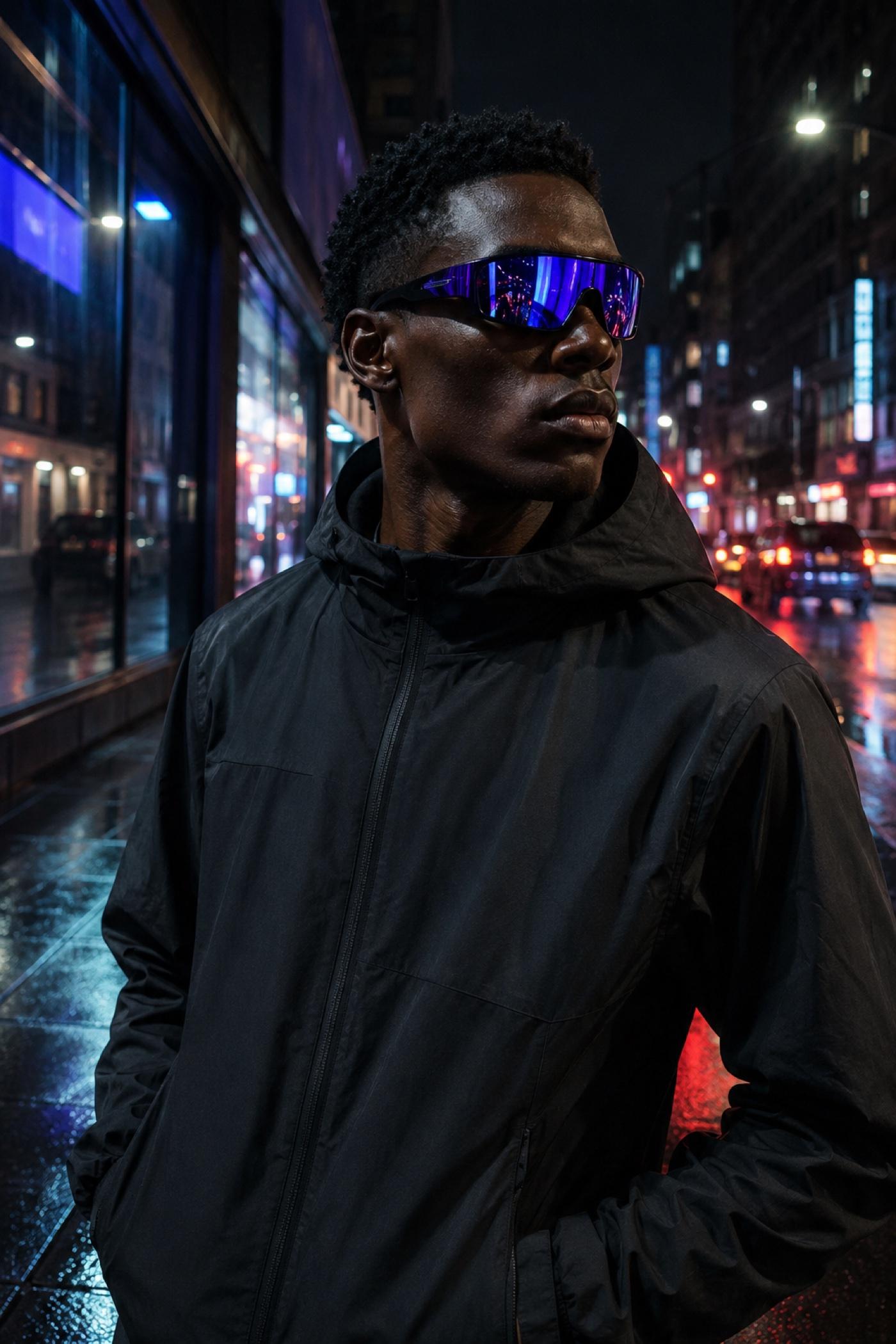 Man in a wraparound mirrored shield sunglasses against neon-lit rainy streets at night.