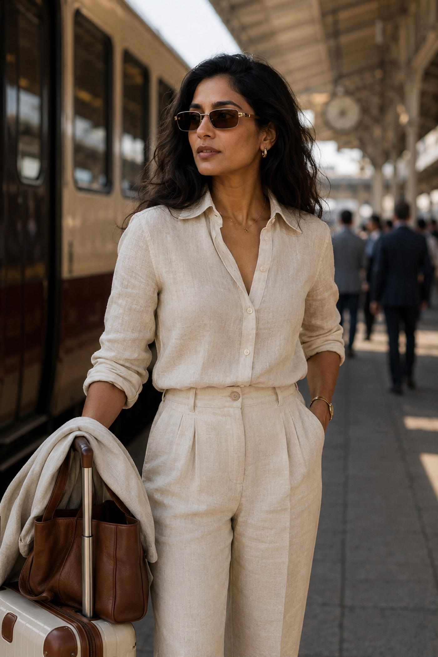 Woman in slim gold rectangle sunglasses at a train station, holding luggage in a beige linen suit.