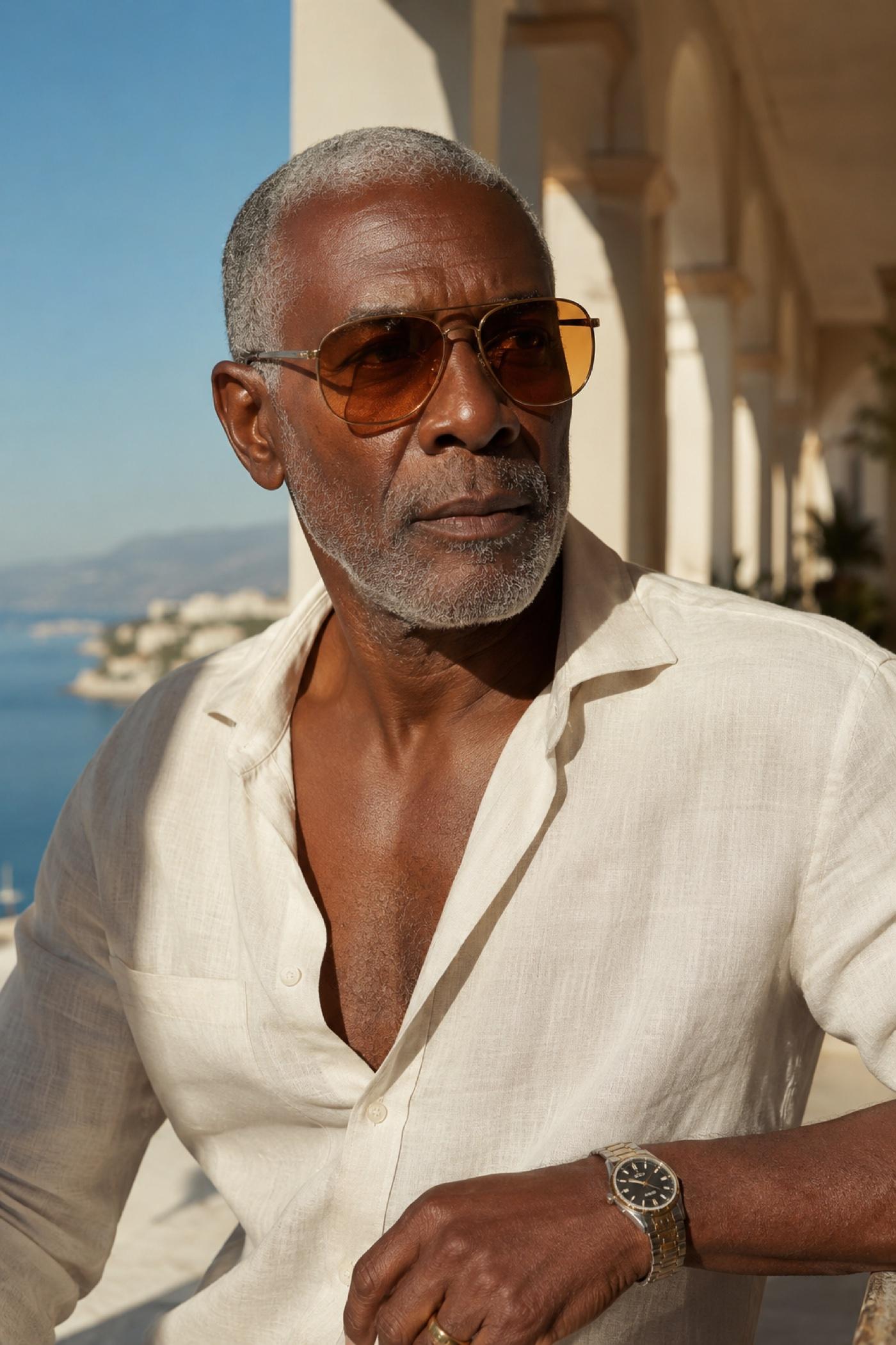 Older man in gold aviator sunglasses with amber lenses on a Mediterranean villa balcony, in a cream linen shirt.