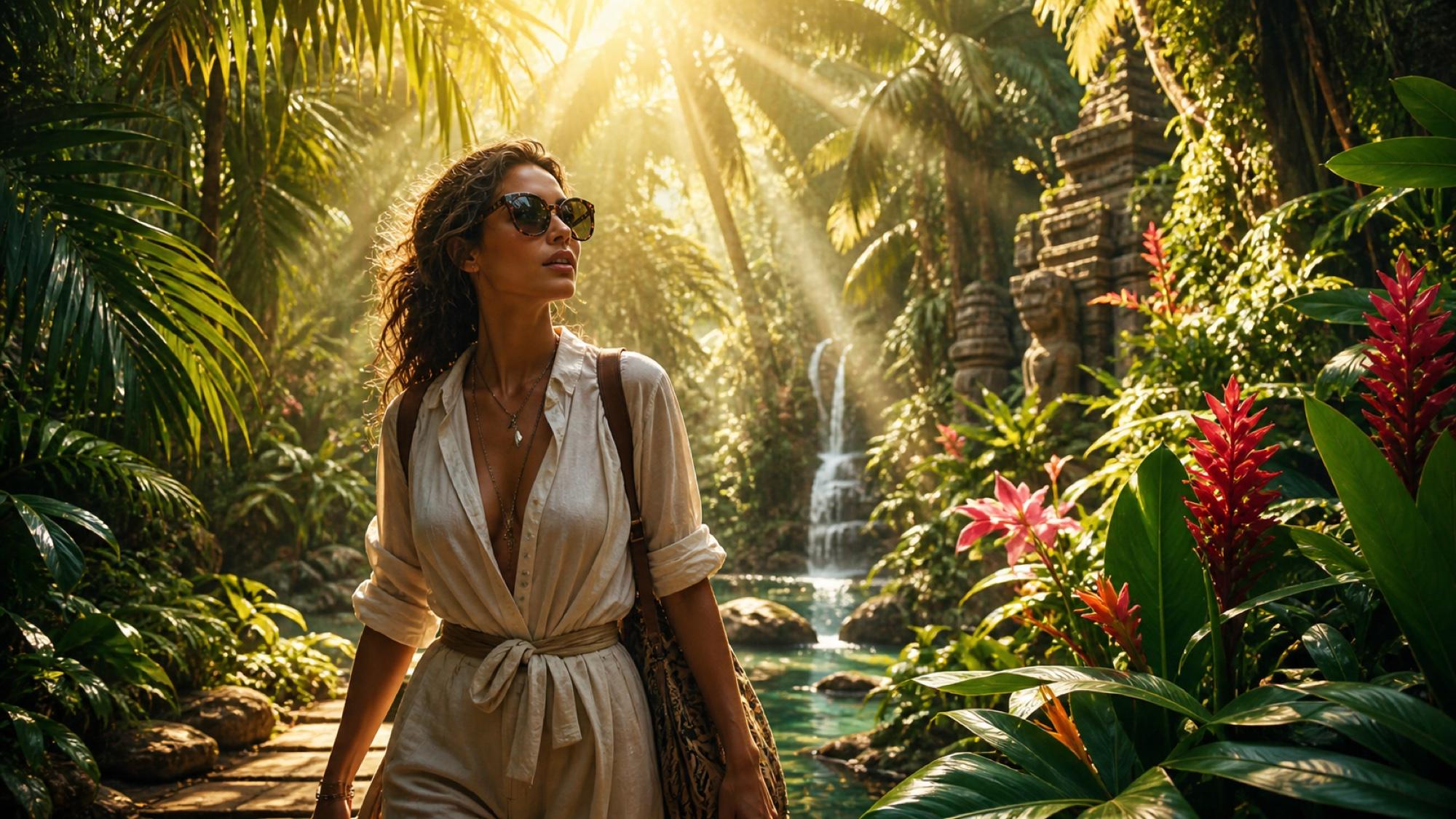 A woman in cream linen walking through a tropical garden at golden hour, sunbeams overhead, wearing rounded oversized tortoiseshell sunglasses.