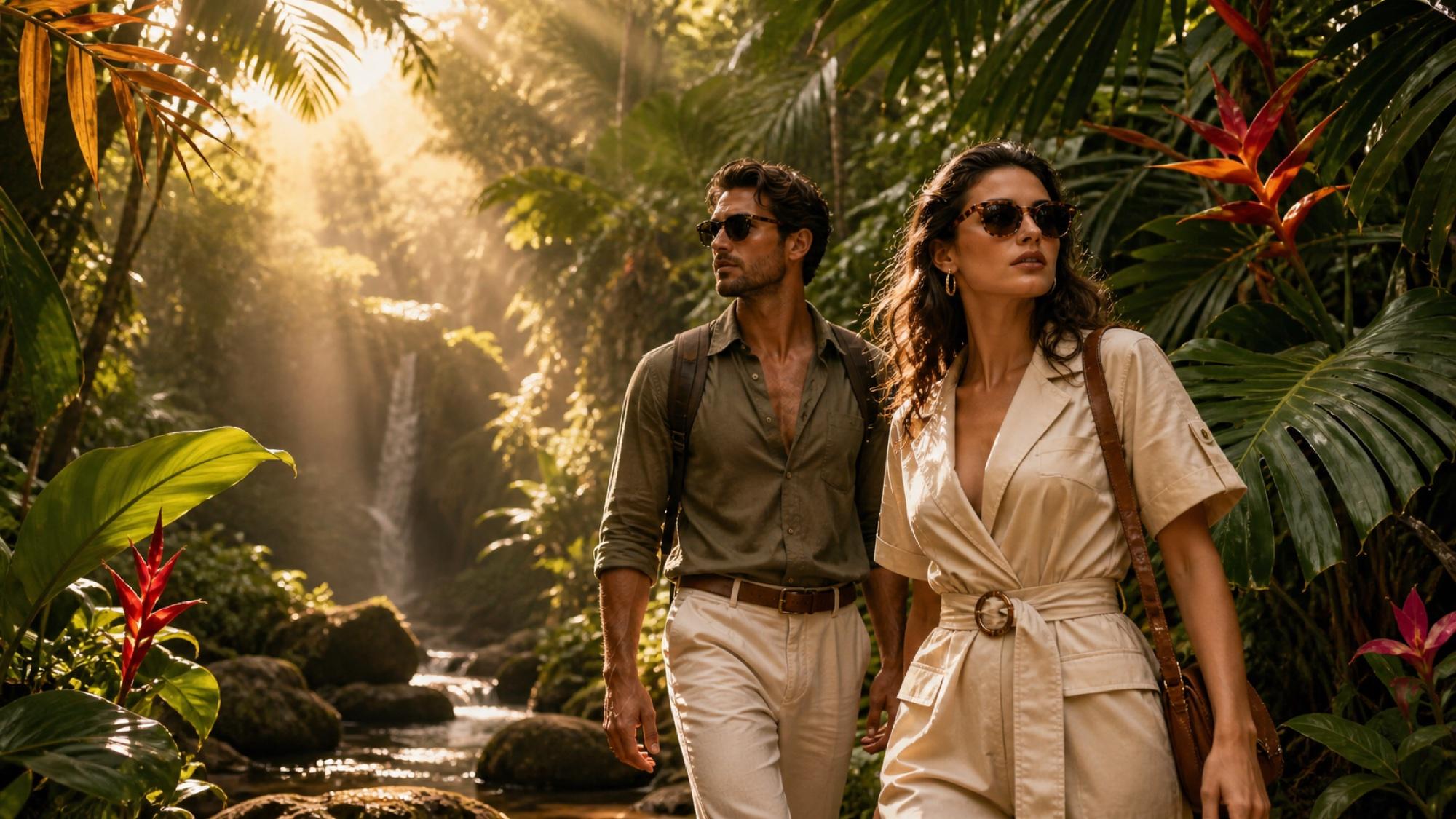 A couple walking through a tropical jungle: the man in olive shirt with rounded acetate frames, the woman in a cream safari dress with oversized rounded tortoise sunglasses.