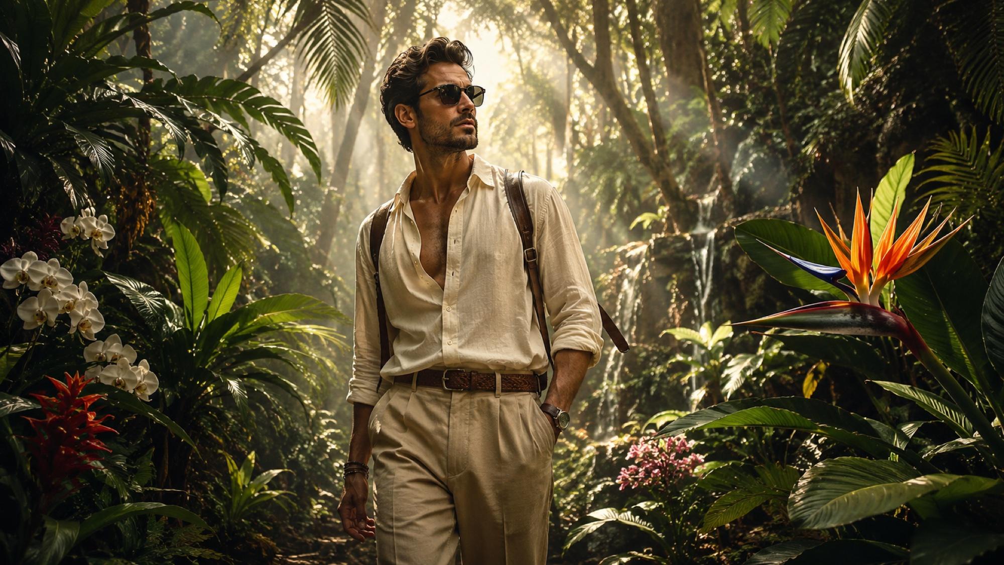 A man with a strong square jaw walking through a jungle path, wearing a cream linen shirt and classic acetate sunglasses with rounded edges.