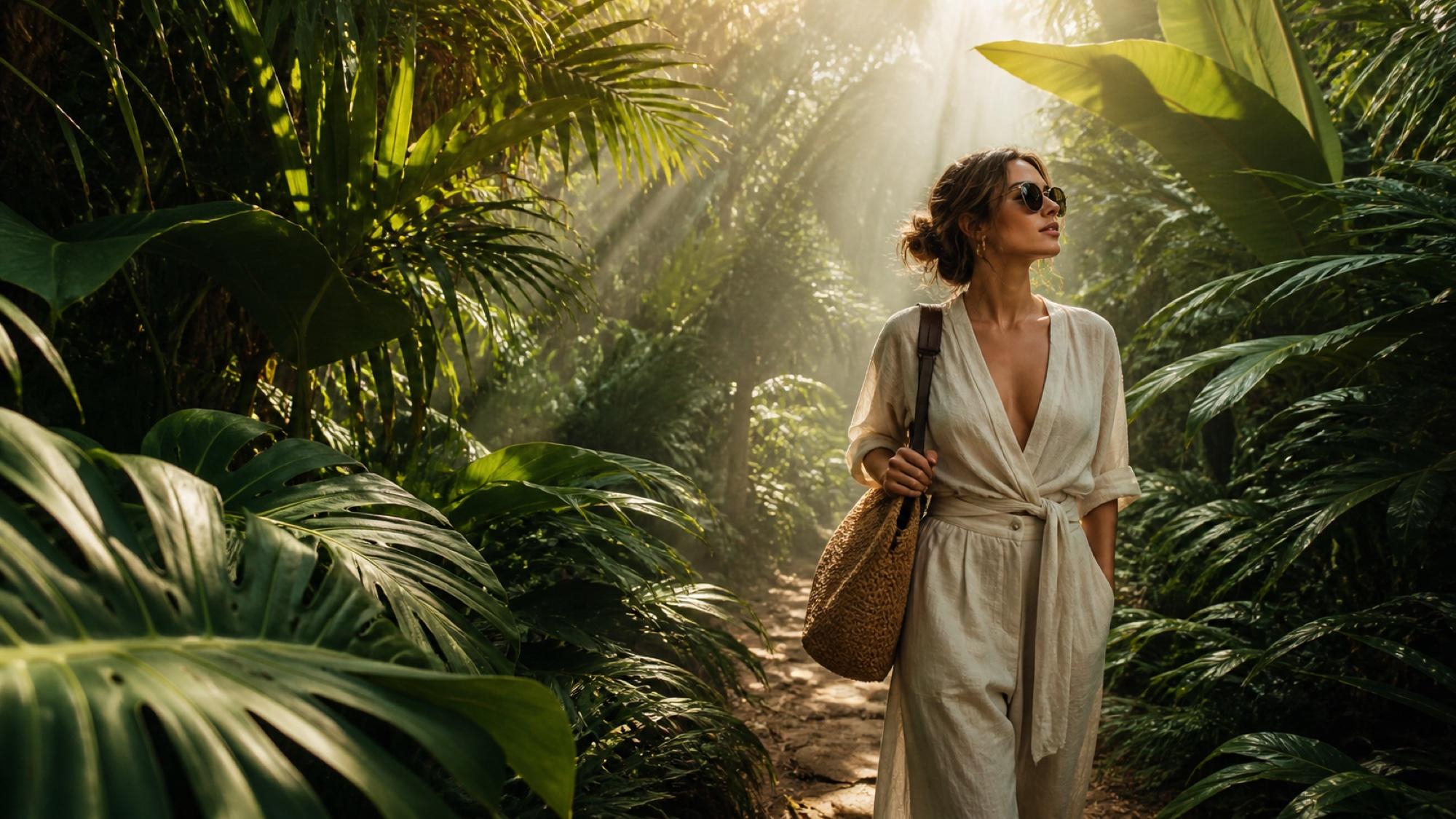 A woman with a heart-shaped face in a cream linen wrap dress, walking through a tropical garden, wearing small round wire-frame sunglasses.