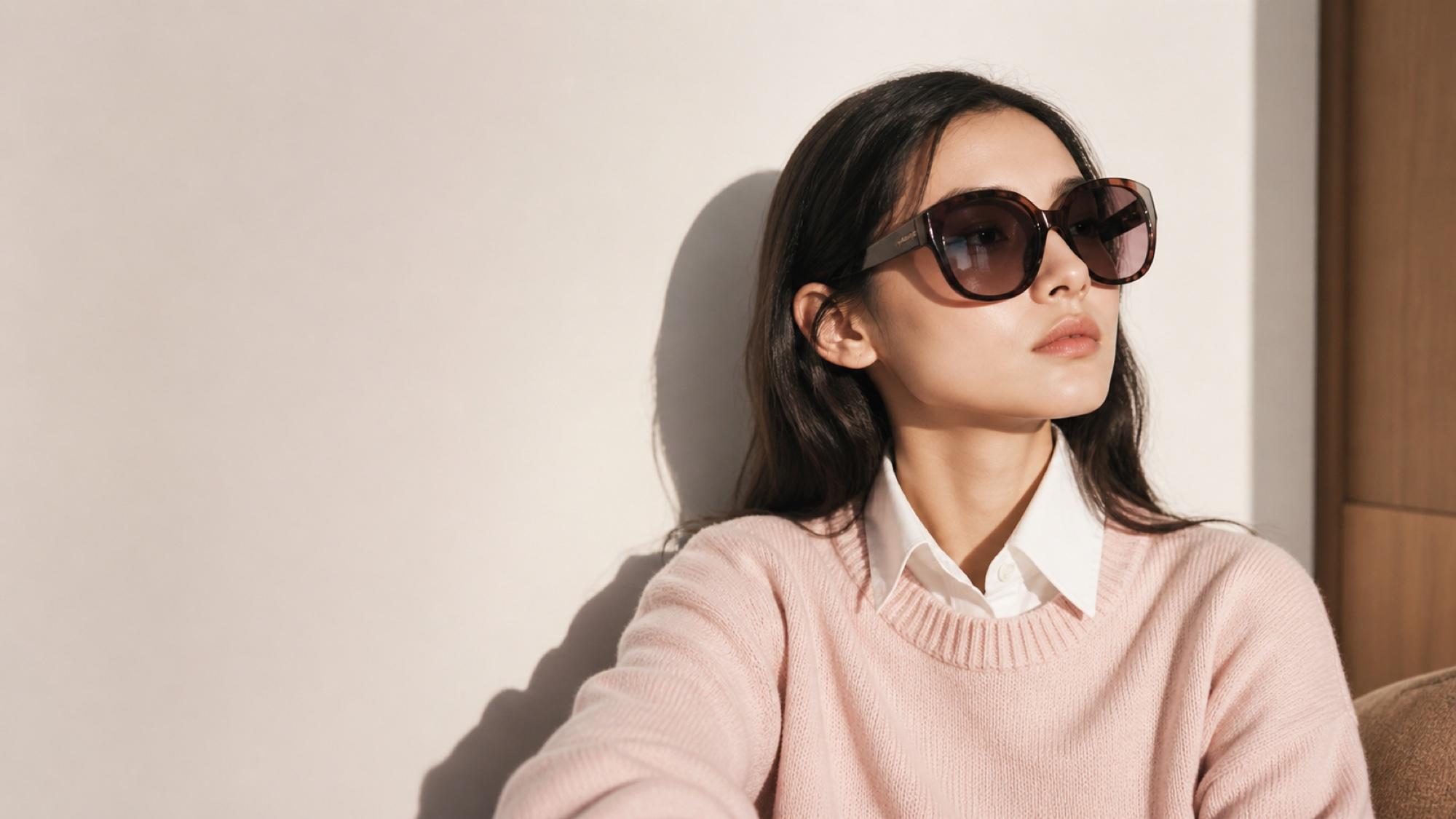 A young woman in a pink sweater and white shirt, photographed in soft natural light, wearing an oversized cat-eye tortoiseshell frame.