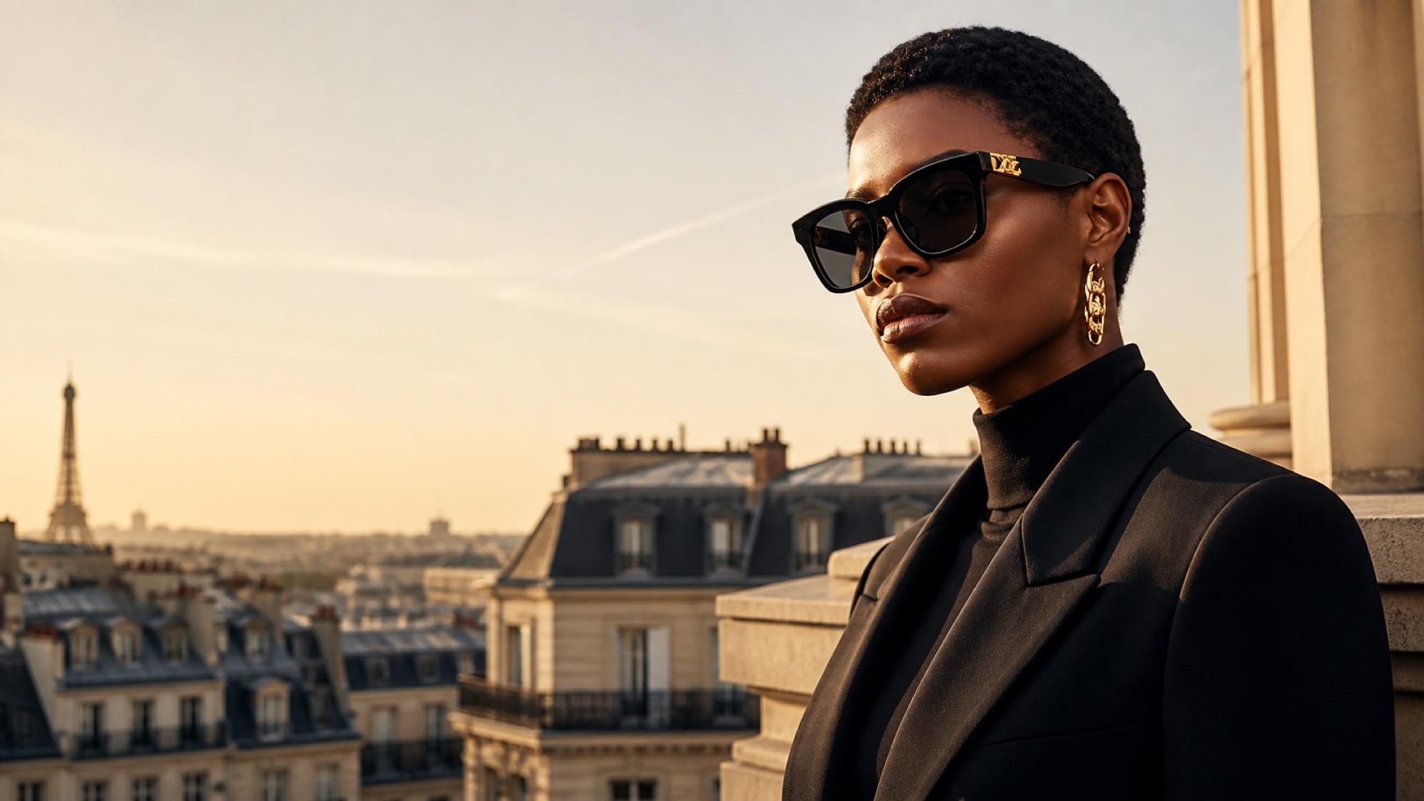 A woman with deep skin and a close-cropped haircut on a Paris balcony at golden hour, wearing matte black squared sunglasses with a small gold accent on the temple.