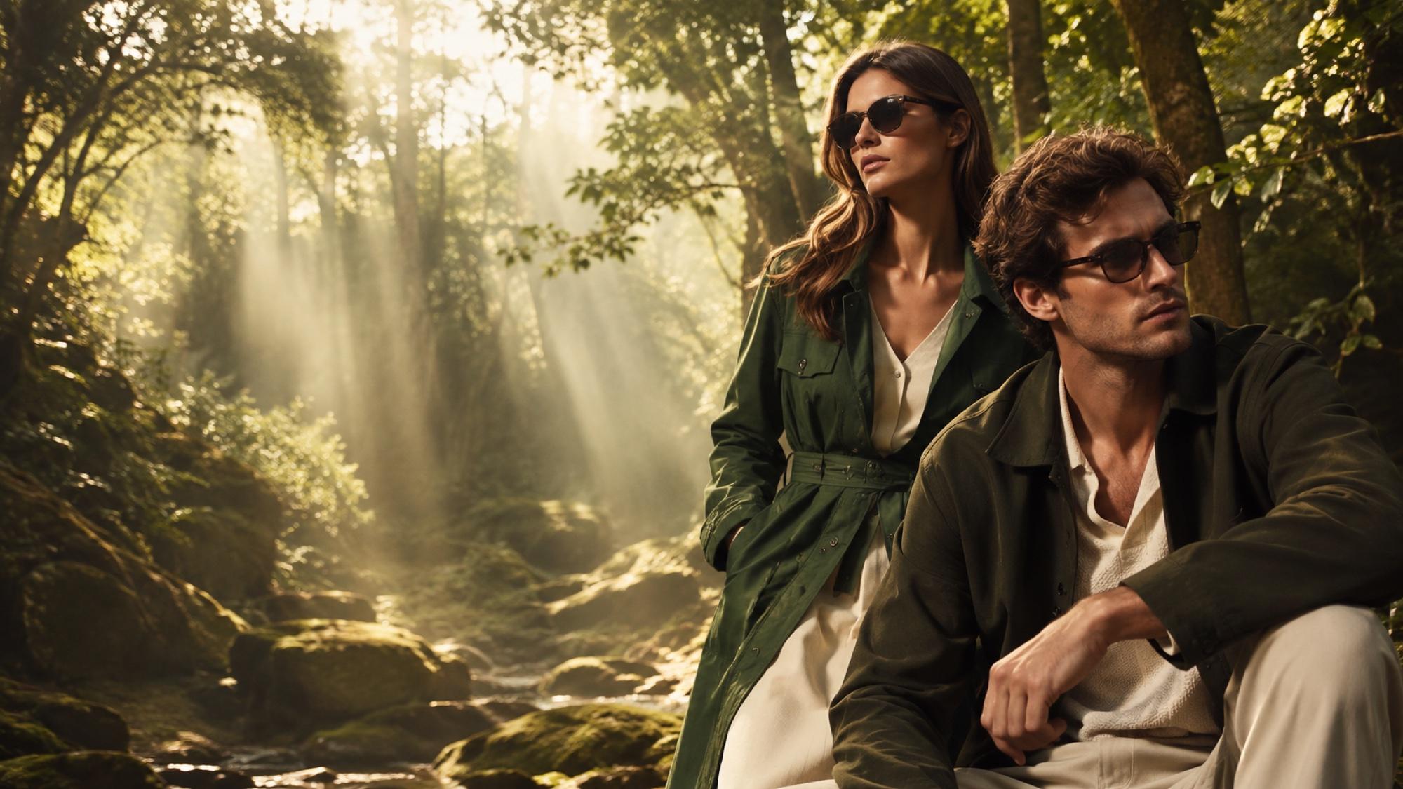 A couple in a misty forest with sunbeams. The woman wears an olive trench and rounded tortoise sunglasses; the man wears an olive jacket and classic black wayfarer-style frames.