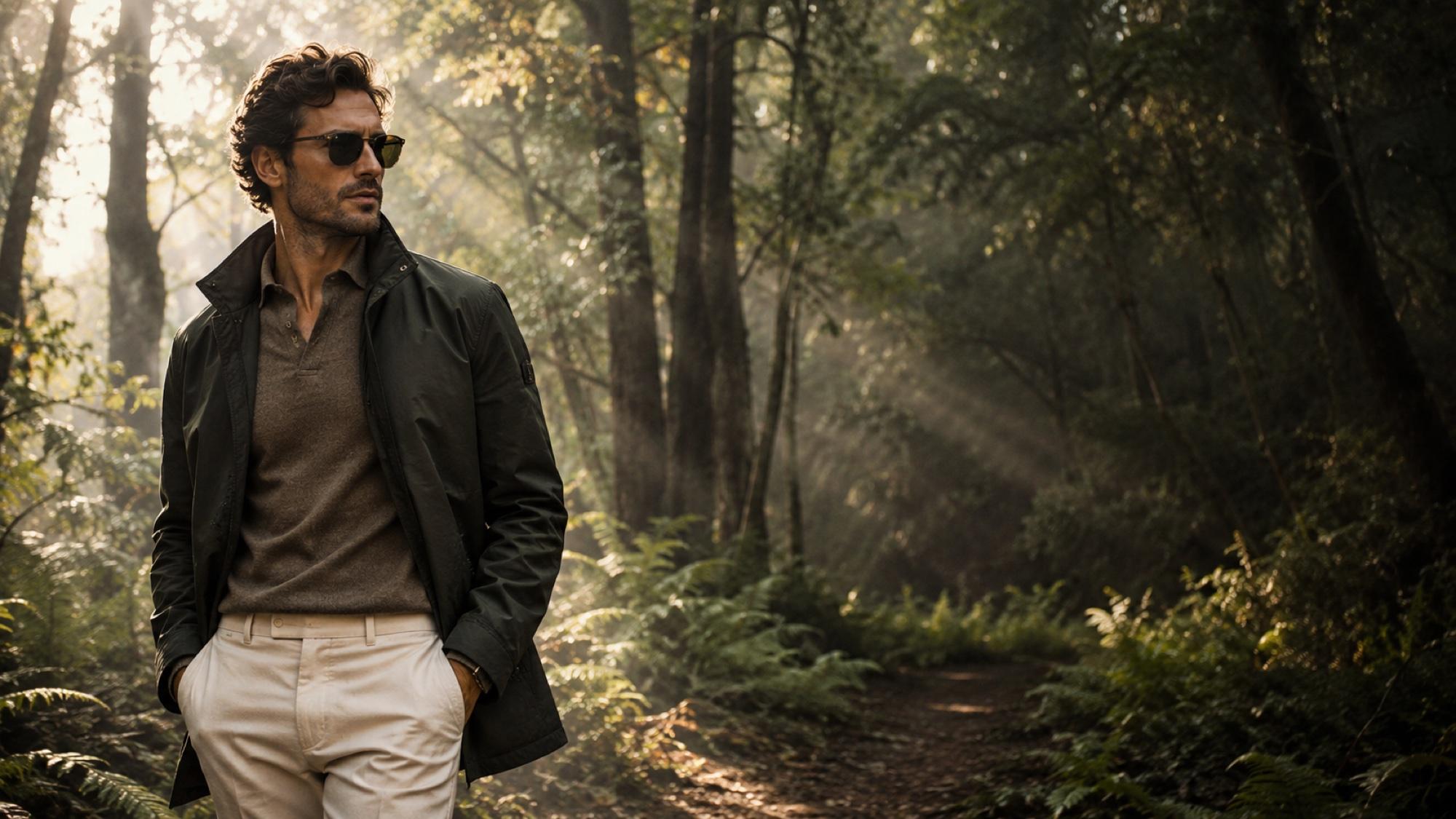 A man in a forest path wearing classic black aviators with warm gray-green G-15 lenses, olive jacket, tan polo, and cream pants.