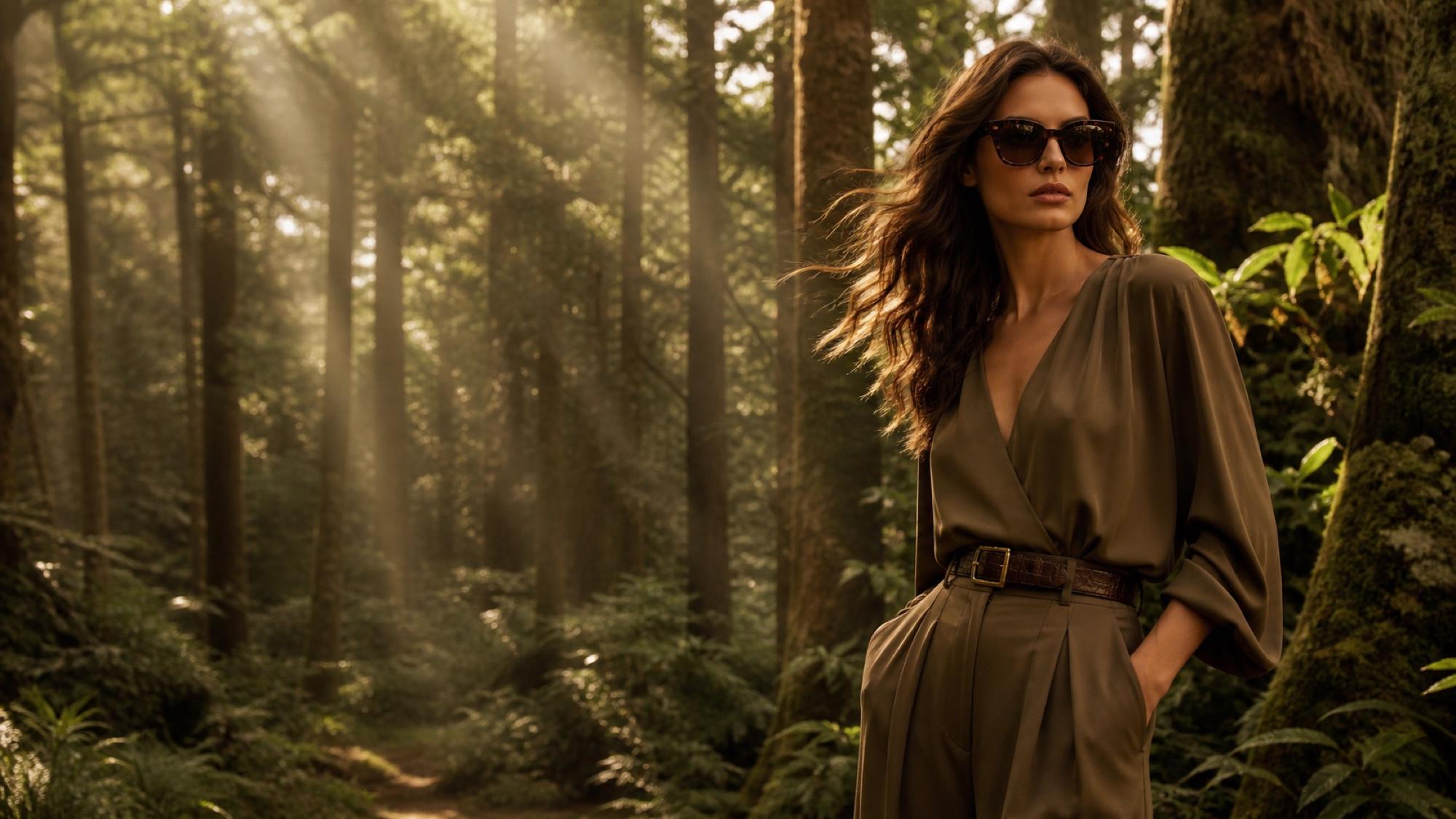 A woman in a monochrome olive jumpsuit walking through filtered forest light, wearing oversized tortoiseshell sunglasses with warm amber tones.
